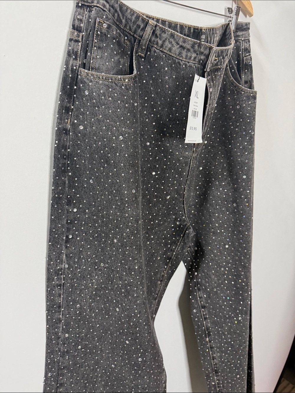 🔥🔥AKIRA Black Wide-Leg Jeans with All-Over Silver Rhinestones - Picture 8 of 10